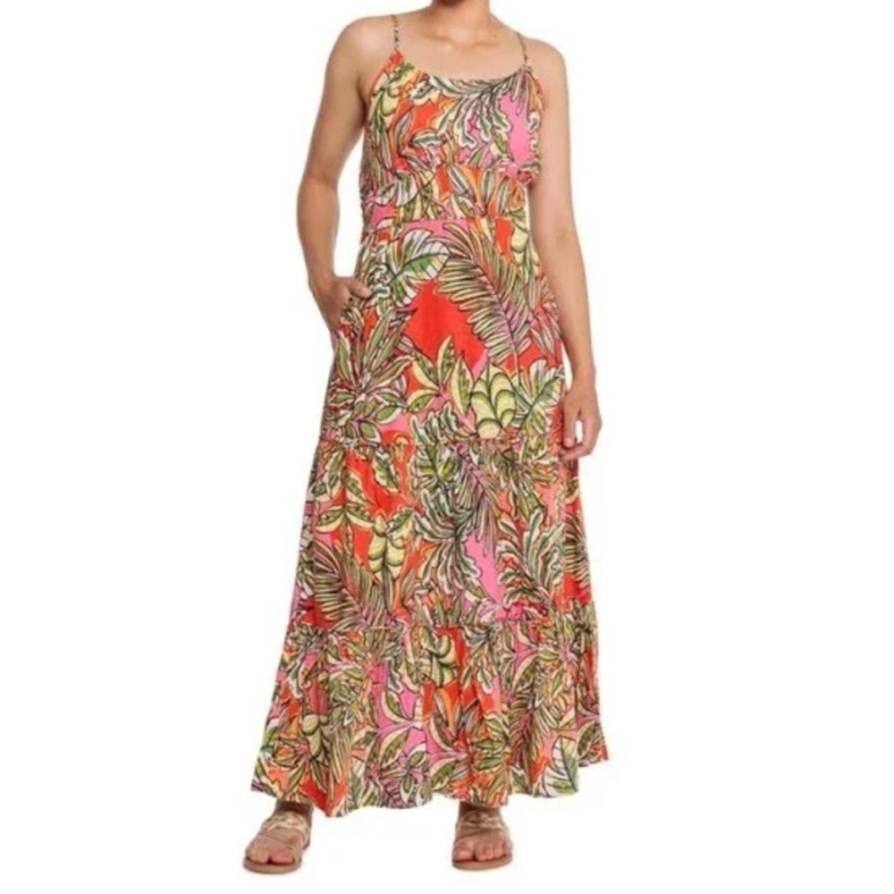 C&C Colorful Orange Green Pink Tropical Linen Blend Sleeveless Tiered Maxi Dress